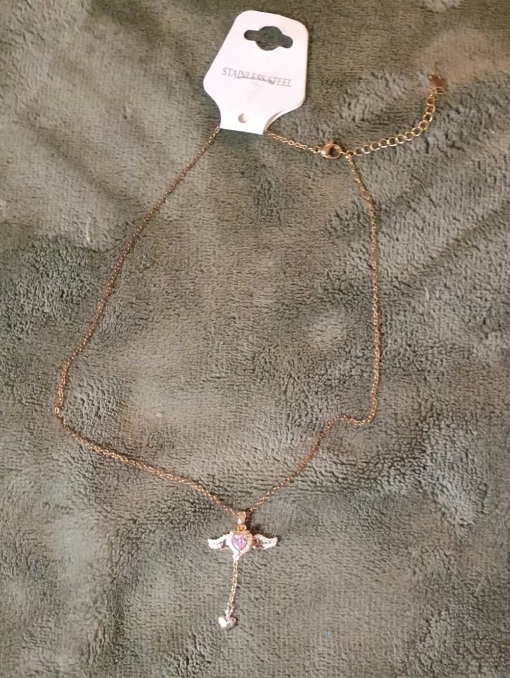 Stainless Steel Gold Heart Cross Pendant Necklace with Pink Accent Moving Wing's